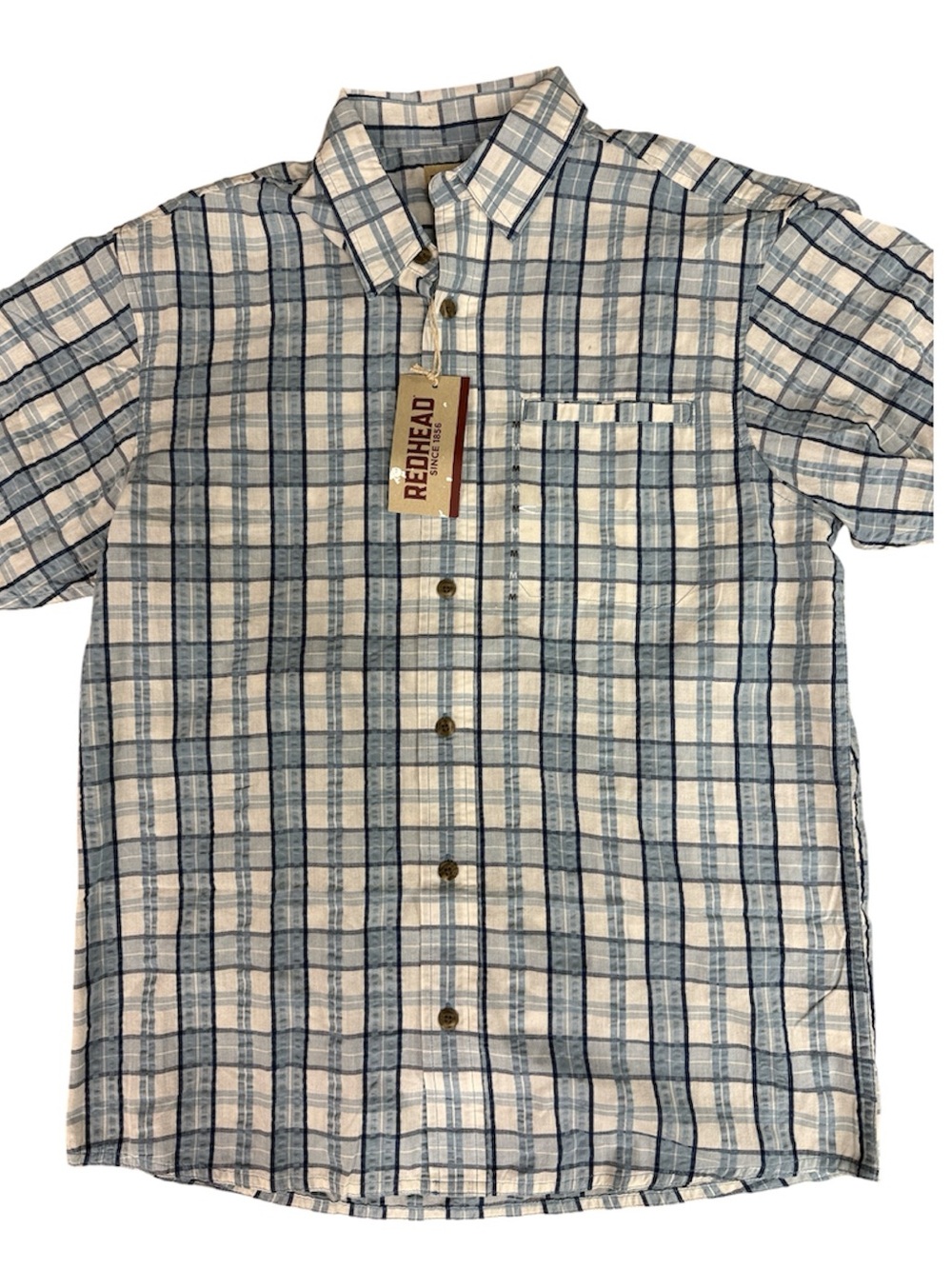 NWT REDHEAD MENS PLAID SHORT SLEEVE BUTTON DOWN BLUE WHITE CHECKERED MEDIUM